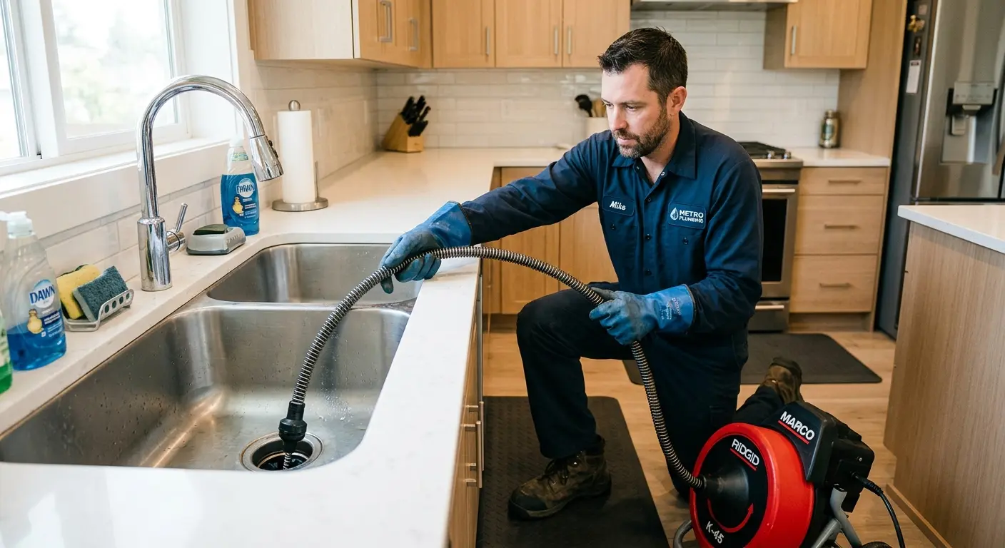 Drain cleaning technician using a motorized snake on a kitchen sink in Bremerton