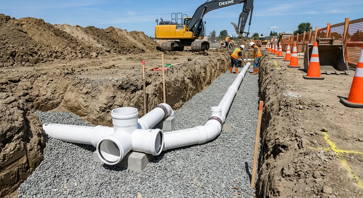New PVC sewer pipe installation in open trench for Sewer Backup in Bremerton