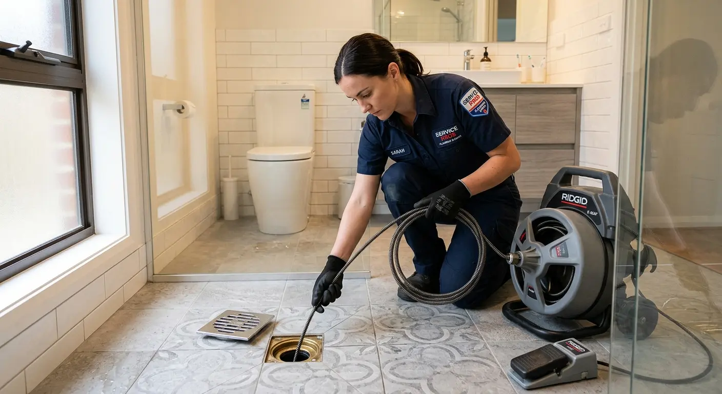 Technician clearing a bathroom floor drain for Drain Repair in Bremerton